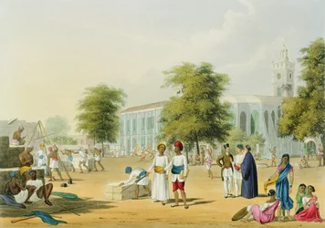 Scéna v Bombaji, ze svazku I „Scenérie, kostýmy a architektura Indie“, vyrytý R.G. Rychtář (fl.1811-37) hospoda. od Ackermanna, 1826 (akvatinta)